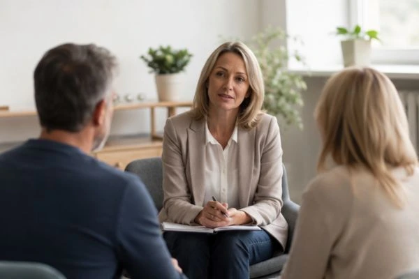 Couple discussing financial arrangement , pensions in divorce Stockport
